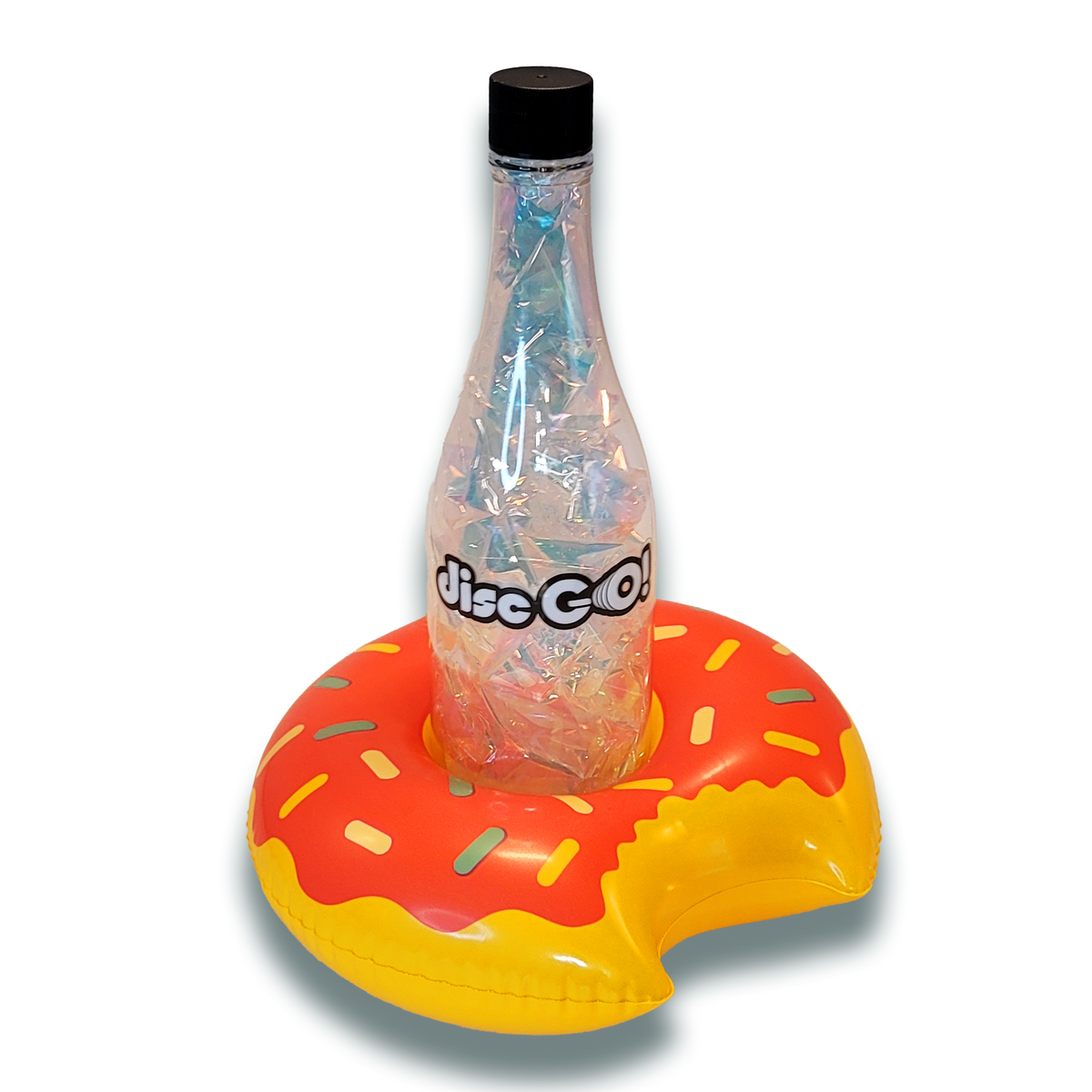 Disc GO! bottle target floating in a pink sprinkled donut inflatable base in a sparkling pool