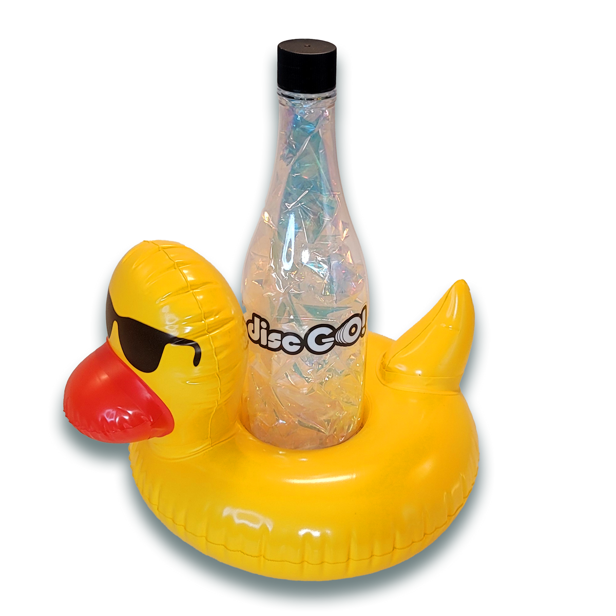 Disc GO! bottle target floating in a yellow duck inflatable base among colorful pool floats