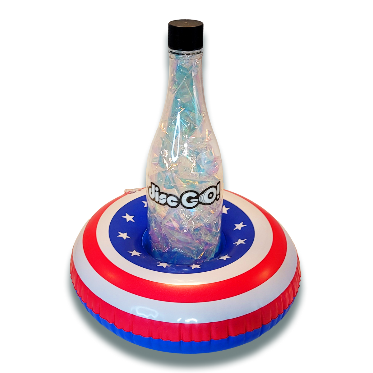 Disc GO! bottle target floating in a red, white, and blue inflatable base, surrounded by colorful pool floats