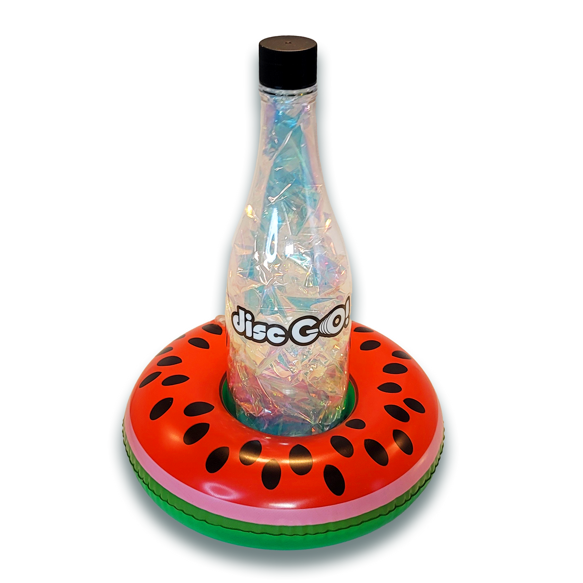 Disc GO! bottle target floating in a watermelon inflatable base in a sparkling pool