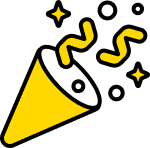 A yellow party popper cone illustration with popping confetti and small star accents on a white background.