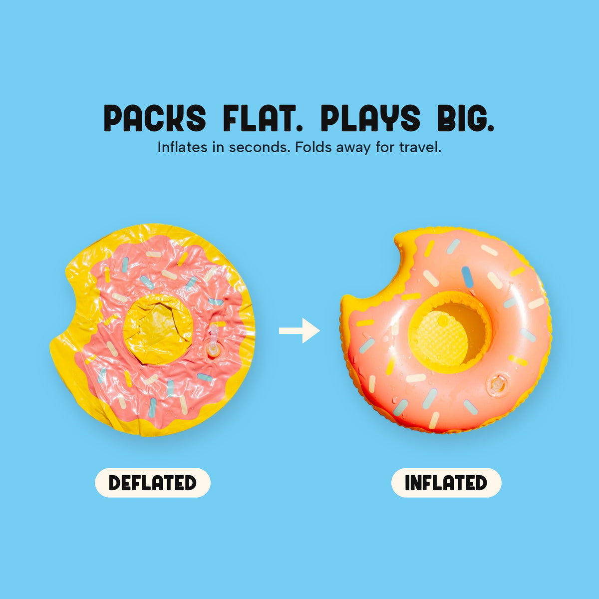 Disc GO! donut base shown deflated and inflated, packs flat for travel