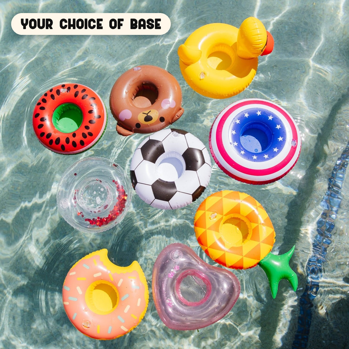 Your choice of base: Disc GO! inflatable bases in watermelon, donut, duck, bear, soccer ball, pineapple, heart, clear glitter, and stars and stripes