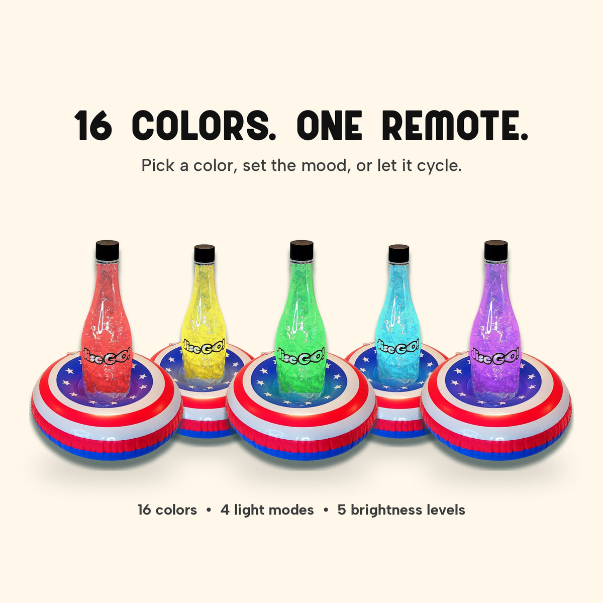 Five Disc GO! LED bottle targets in stars-and-stripes bases glowing red, yellow, green, cyan, and purple