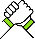 A simple line drawing of two hands shaking, with black outlines and bright green cuffs on the wrists, on a white background.