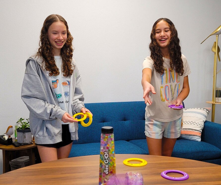Two sisters playing Disc GO! in a living room